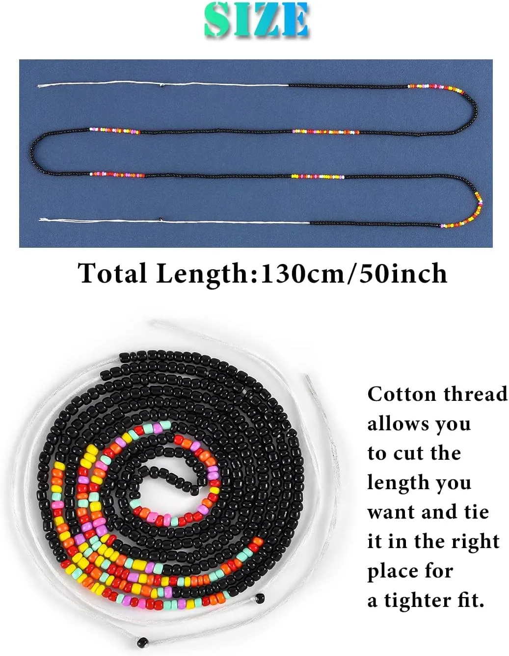 ELABEST 50inch Plus Size African Waist Beads Belly Chain Non-Stretching Tie-on Bead Jewelry Accessories for Women and Girls