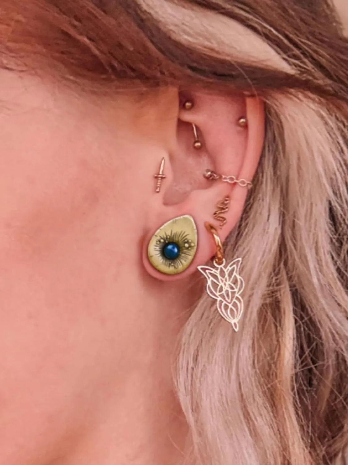 ERKUOO 2g 0g 00g-1" Sterling Silver & Brass Sunburst Ear Expander Teardrop Double Flared Tunnels Ear Plug Gauges Unique Geometric Design Ear Gauge Women Piercing Jewelry