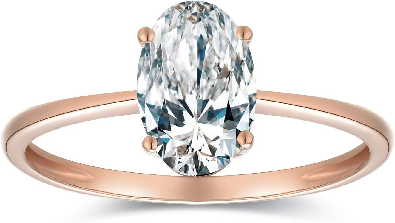 espere 1.5 Carat Moissanite Oval Cut Forever Classic Engagement Ring Solid Gold Plain Ring Band 14K Rose Gold Bridal Ring Stackable Brilliant Ring