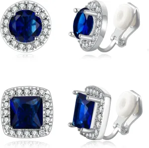 EVER FAITH Wedding Clip On Stud Earring for Women, Brilliant White Round Square Cut Cubic Zirconia Halo Earrings Set for Bride (2 Pairs)