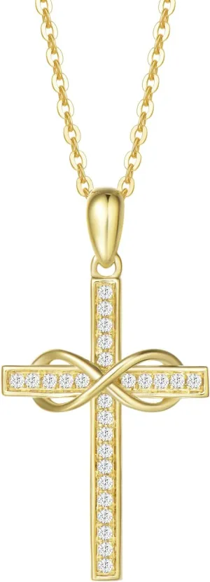FANCIME 14k Solid Gold 0.13cttw Genuine Diamond Crucifix Cross Infinity Forever Love Pendant Necklace Fine Jewelry Birthday Mother's Day Gifts for Women Girls, 16" 2" Extender