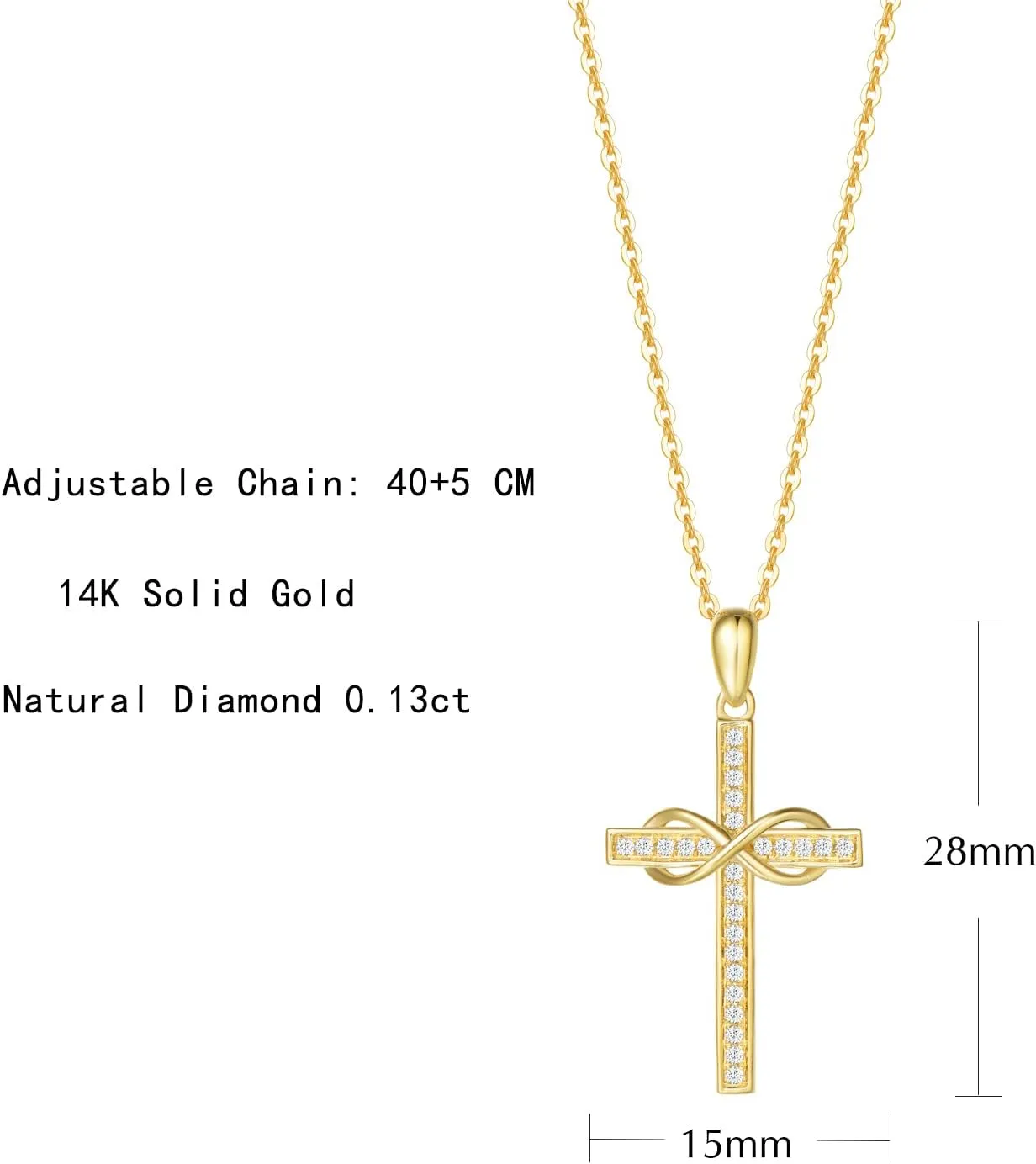 FANCIME 14k Solid Gold 0.13cttw Genuine Diamond Crucifix Cross Infinity Forever Love Pendant Necklace Fine Jewelry Birthday Mother's Day Gifts for Women Girls, 16" 2" Extender