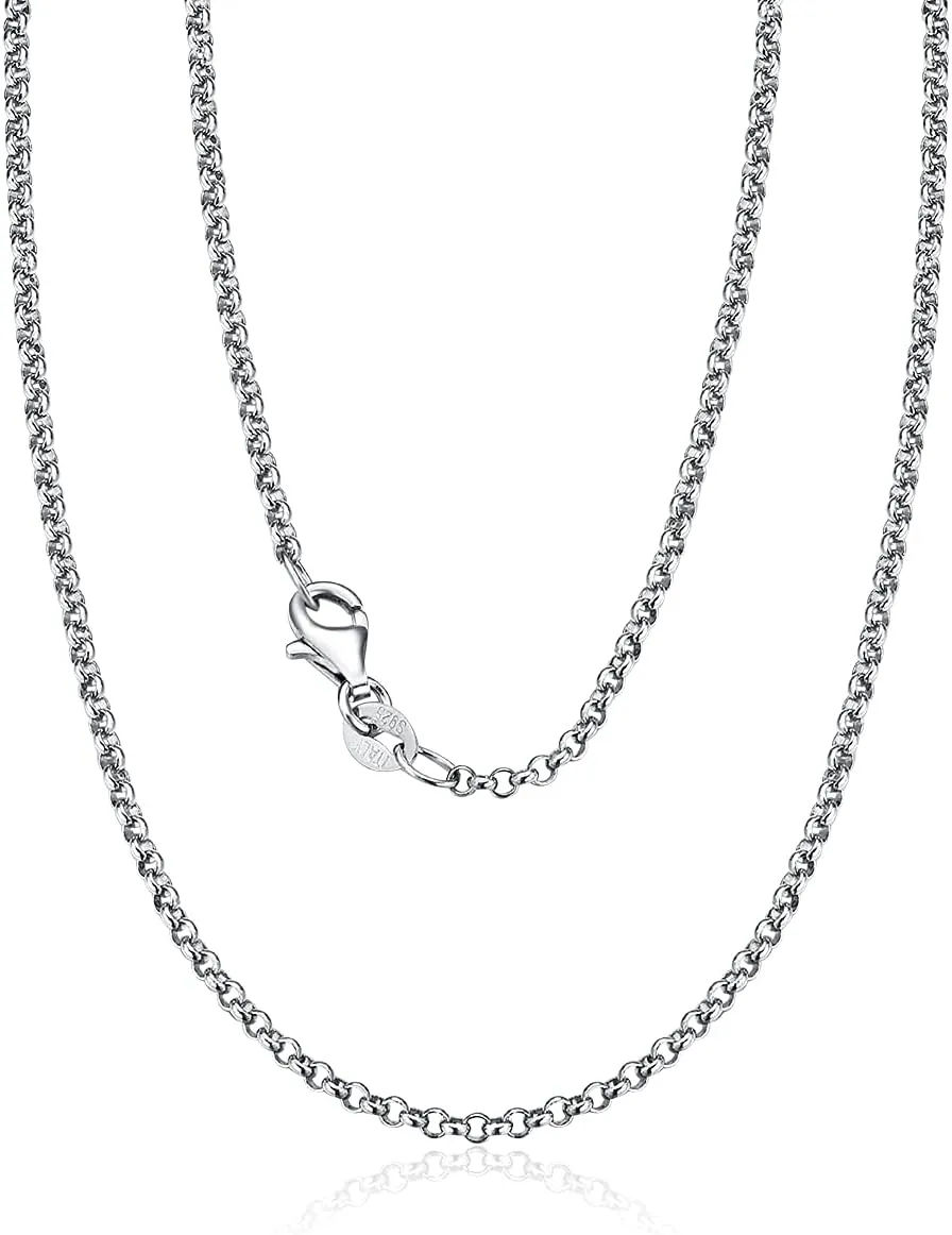 FANCIME 2MM Rolo Chain Sterling Silver Simple Minimalist Shinny Necklace Chain With White Gold Plating Fine Jewelry For Men Women, Lobster Clasp