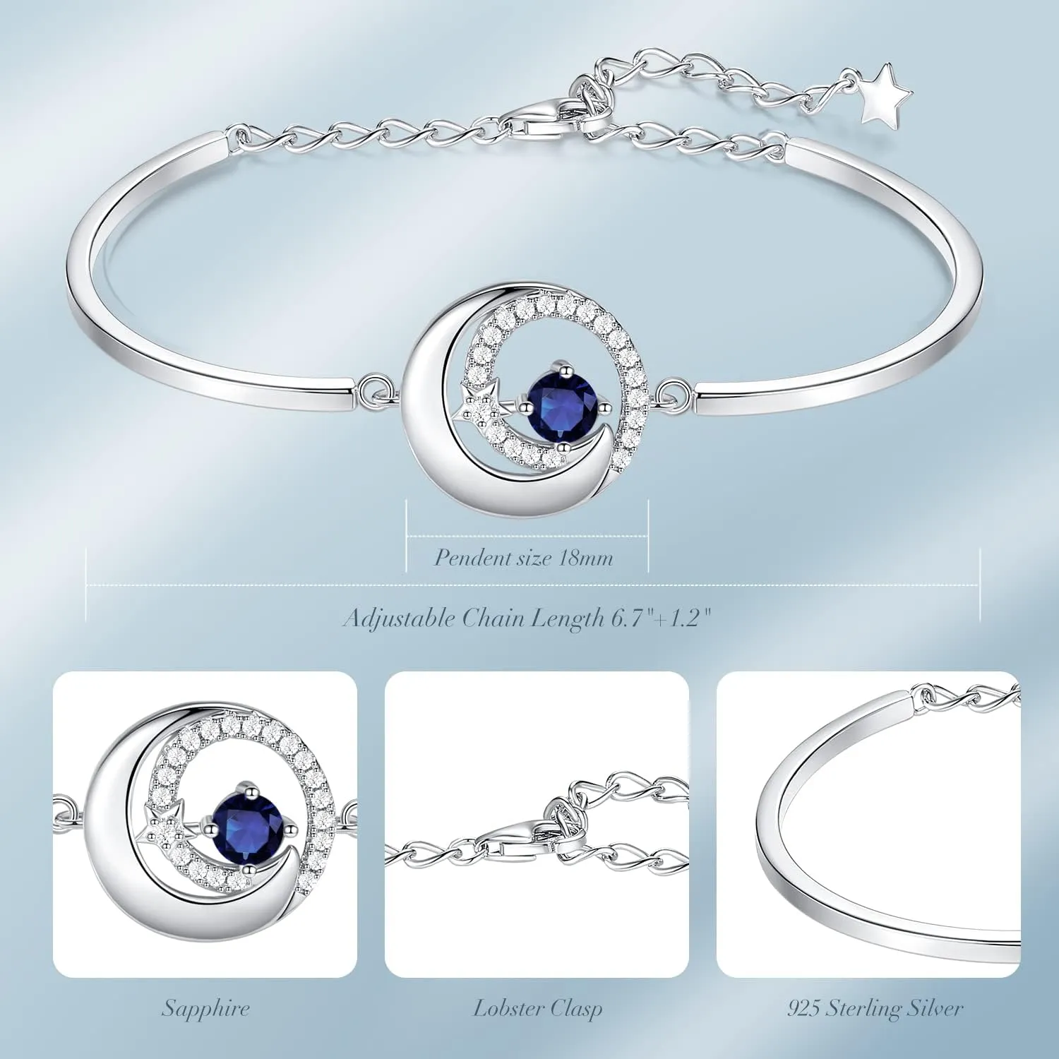 FANCIME Birthstone Bracelets 925 Sterling Silver Moon and Star Bangle Charm Bracelet Fine Jewelry Birthday Anniversary Christmas Day Gift for Her Women, Adjustable Chain 6.7" 1.2" Extend