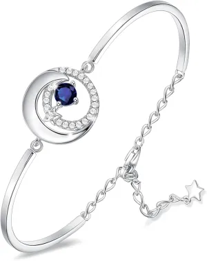 FANCIME Birthstone Bracelets 925 Sterling Silver Moon and Star Bangle Charm Bracelet Fine Jewelry Birthday Anniversary Christmas Day Gift for Her Women, Adjustable Chain 6.7" 1.2" Extend