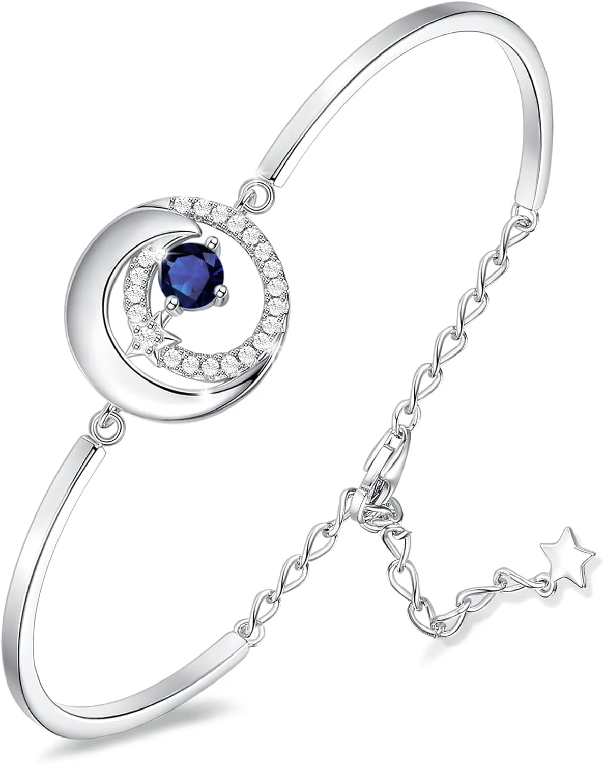 FANCIME Birthstone Bracelets 925 Sterling Silver Moon and Star Bangle Charm Bracelet Fine Jewelry Birthday Anniversary Christmas Day Gift for Her Women, Adjustable Chain 6.7" 1.2" Extend