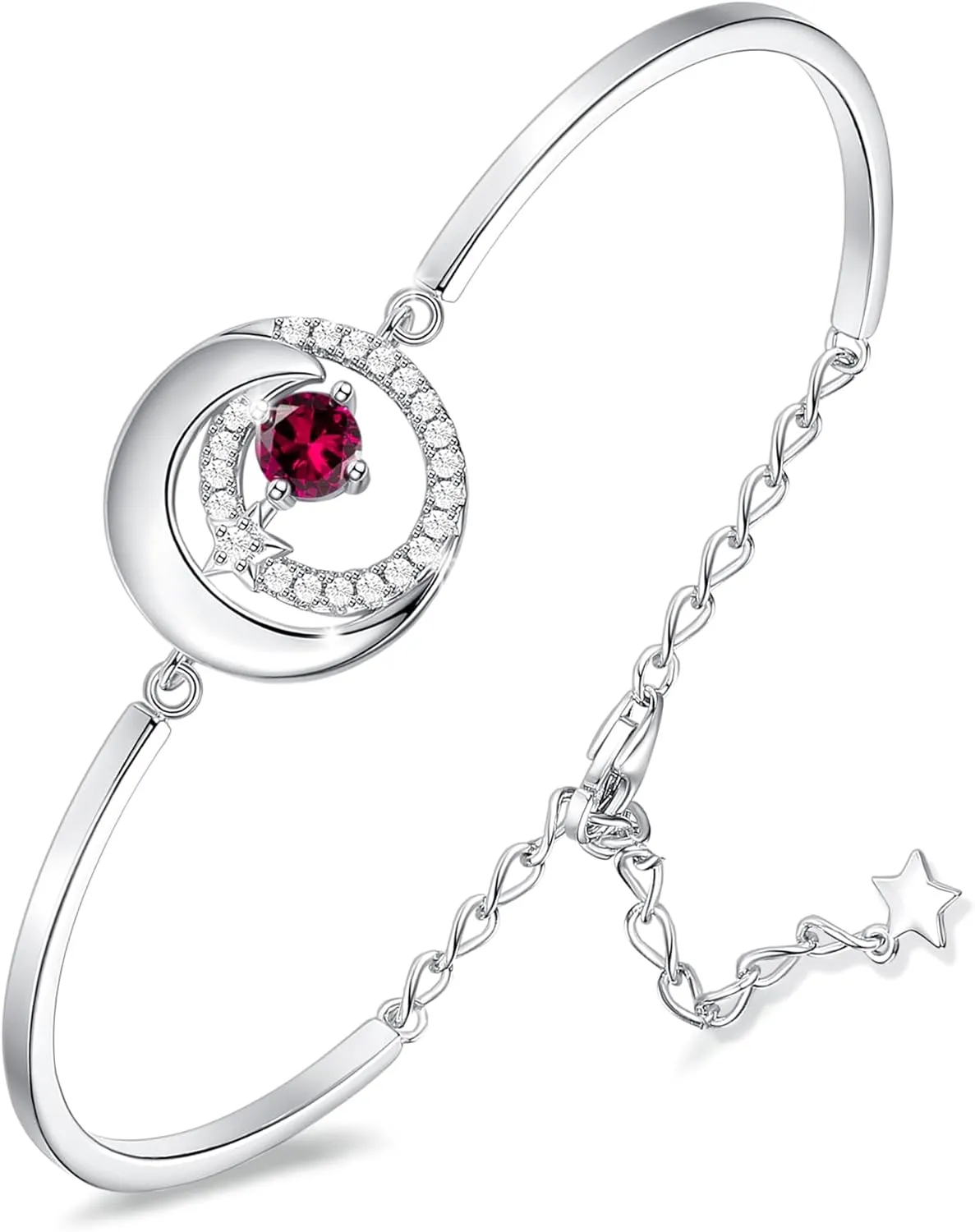 FANCIME Birthstone Bracelets 925 Sterling Silver Moon and Star Bangle Charm Bracelet Fine Jewelry Birthday Anniversary Christmas Day Gift for Her Women, Adjustable Chain 6.7" 1.2" Extend