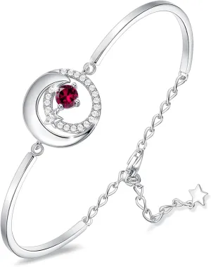 FANCIME Birthstone Bracelets 925 Sterling Silver Moon and Star Bangle Charm Bracelet Fine Jewelry Birthday Anniversary Christmas Day Gift for Her Women, Adjustable Chain 6.7" 1.2" Extend