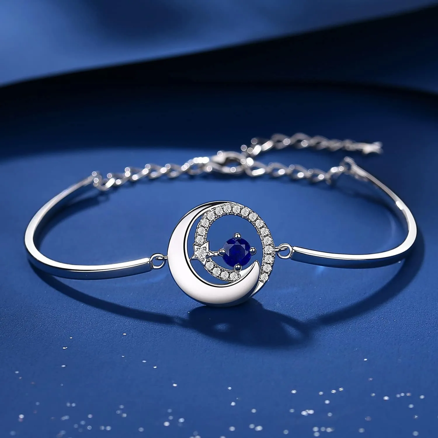 FANCIME Birthstone Bracelets 925 Sterling Silver Moon and Star Bangle Charm Bracelet Fine Jewelry Birthday Anniversary Christmas Day Gift for Her Women, Adjustable Chain 6.7" 1.2" Extend