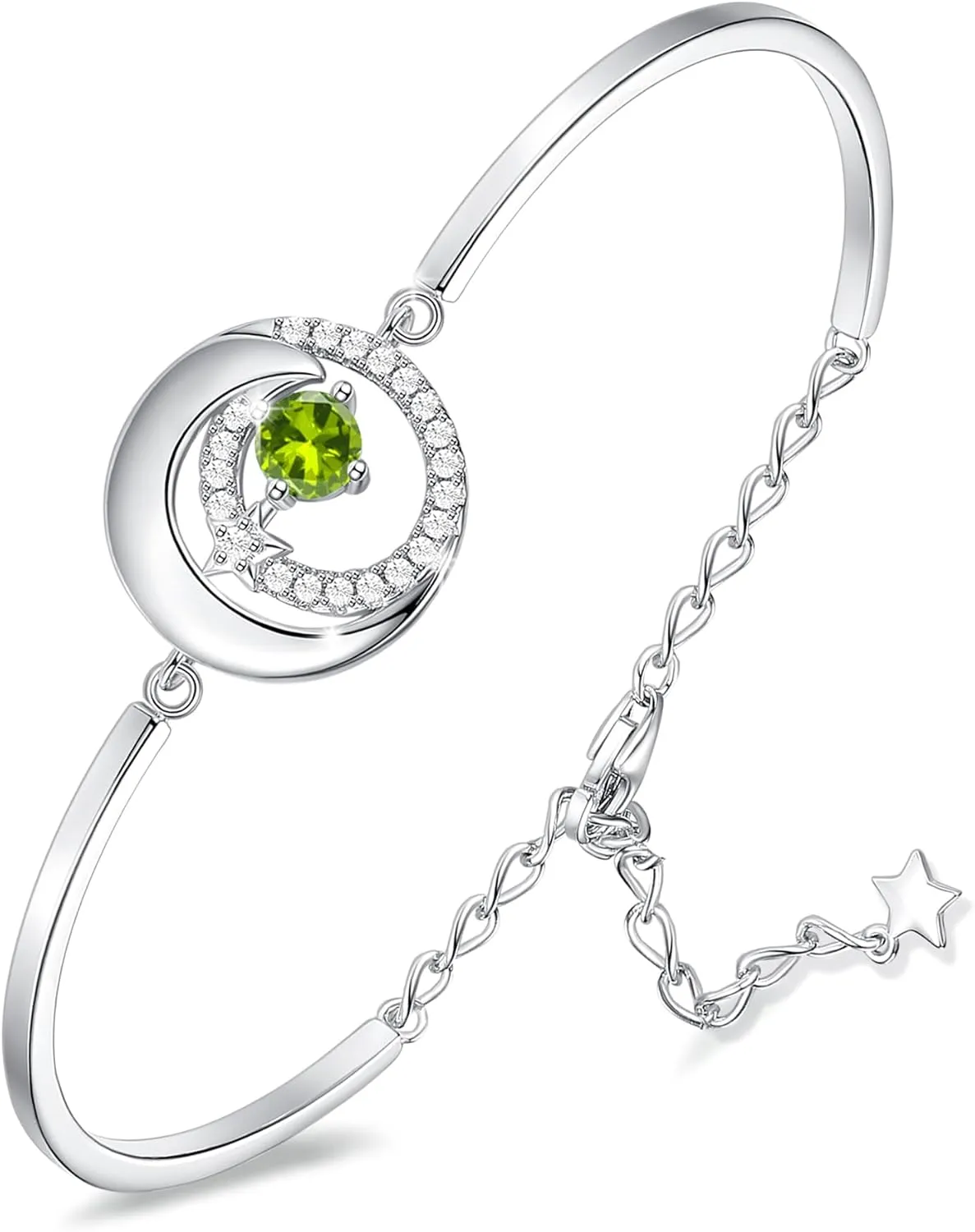 FANCIME Birthstone Bracelets 925 Sterling Silver Moon and Star Bangle Charm Bracelet Fine Jewelry Birthday Anniversary Christmas Day Gift for Her Women, Adjustable Chain 6.7" 1.2" Extend