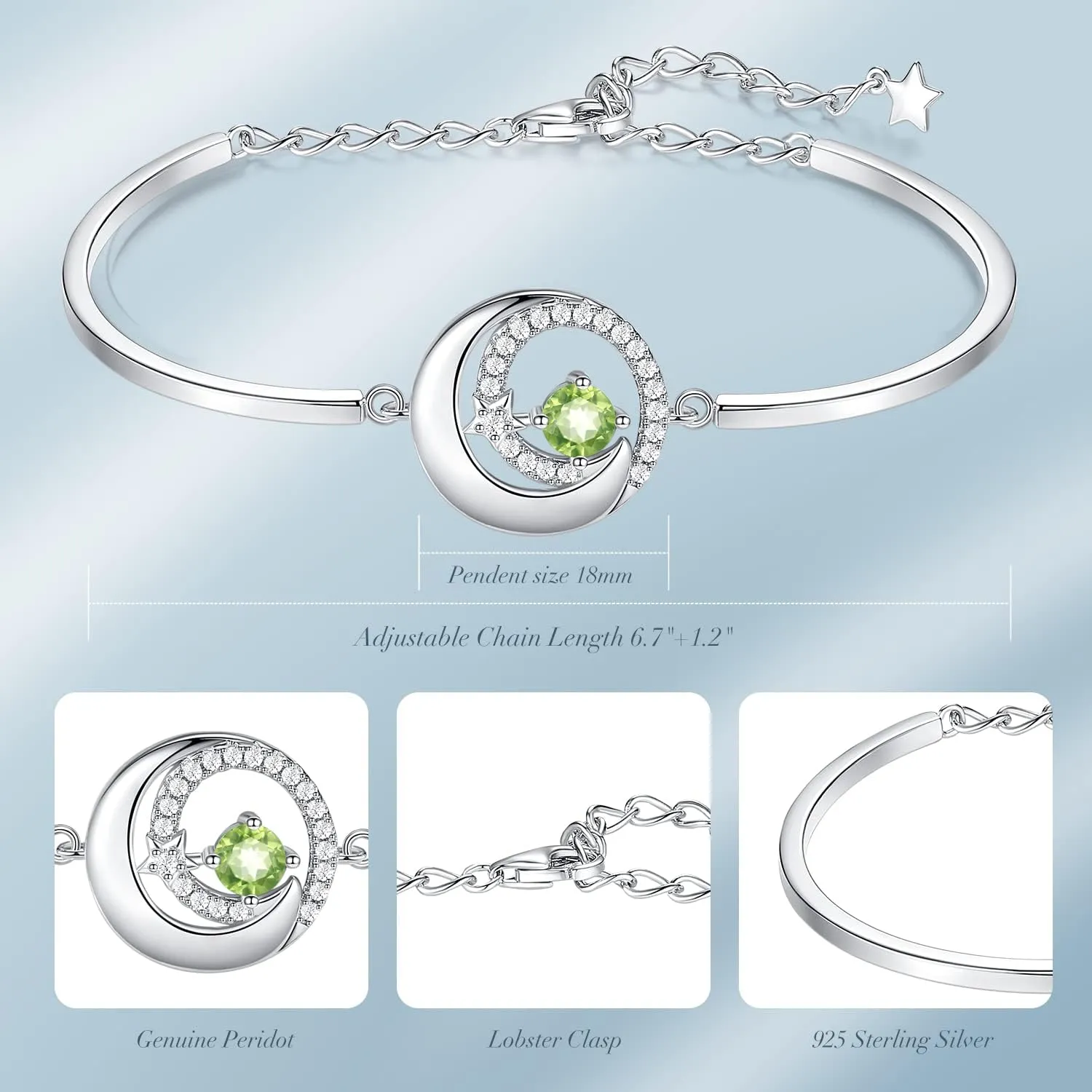 FANCIME Birthstone Bracelets 925 Sterling Silver Moon and Star Bangle Charm Bracelet Fine Jewelry Birthday Anniversary Christmas Day Gift for Her Women, Adjustable Chain 6.7" 1.2" Extend