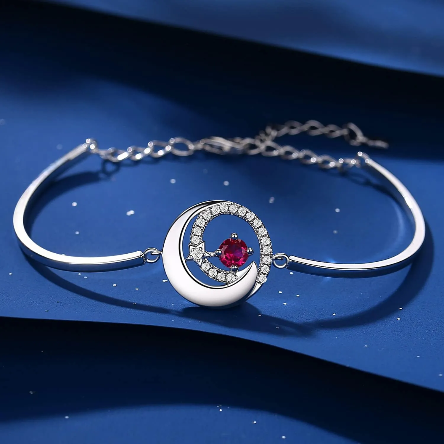 FANCIME Birthstone Bracelets 925 Sterling Silver Moon and Star Bangle Charm Bracelet Fine Jewelry Birthday Anniversary Christmas Day Gift for Her Women, Adjustable Chain 6.7" 1.2" Extend