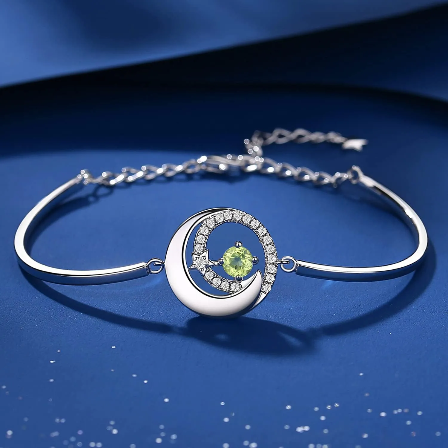 FANCIME Birthstone Bracelets 925 Sterling Silver Moon and Star Bangle Charm Bracelet Fine Jewelry Birthday Anniversary Christmas Day Gift for Her Women, Adjustable Chain 6.7" 1.2" Extend