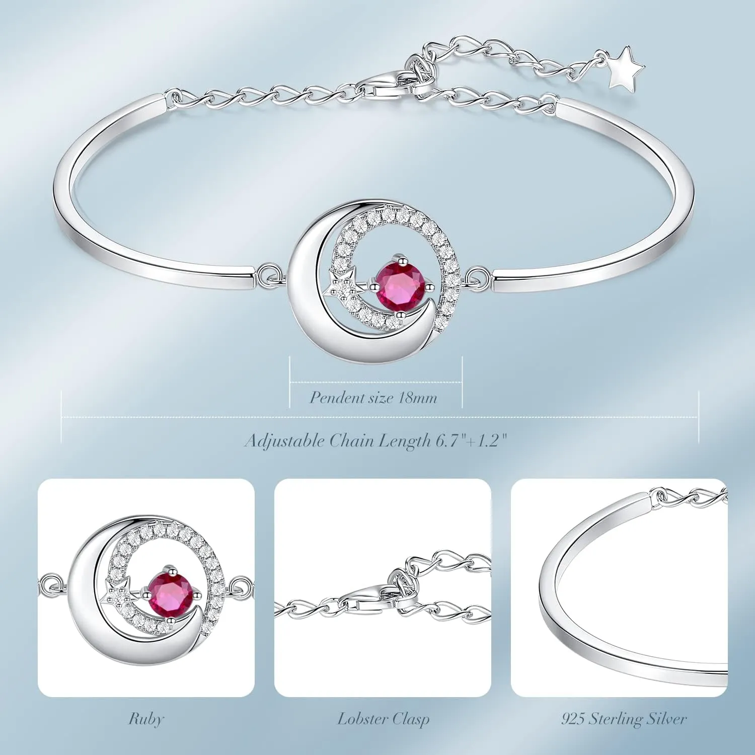 FANCIME Birthstone Bracelets 925 Sterling Silver Moon and Star Bangle Charm Bracelet Fine Jewelry Birthday Anniversary Christmas Day Gift for Her Women, Adjustable Chain 6.7" 1.2" Extend