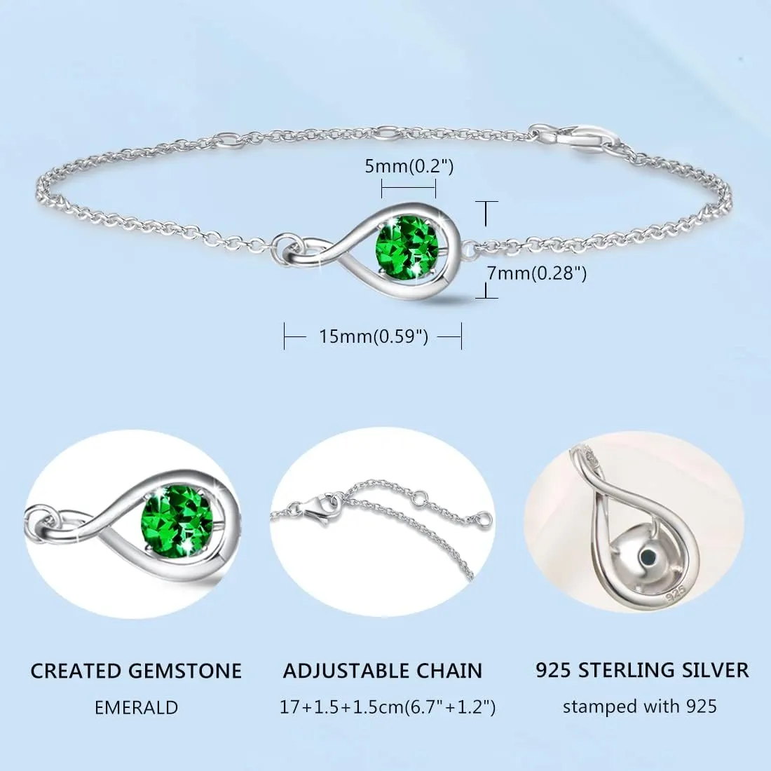 FANCIME Love Bracelet 925 Sterling Silver Infinity Birthstone Bracelets for Women Fine Jewelry Birthday Gifts for Her Mom Wife, Chain Length 6.7" 1.2" Extend