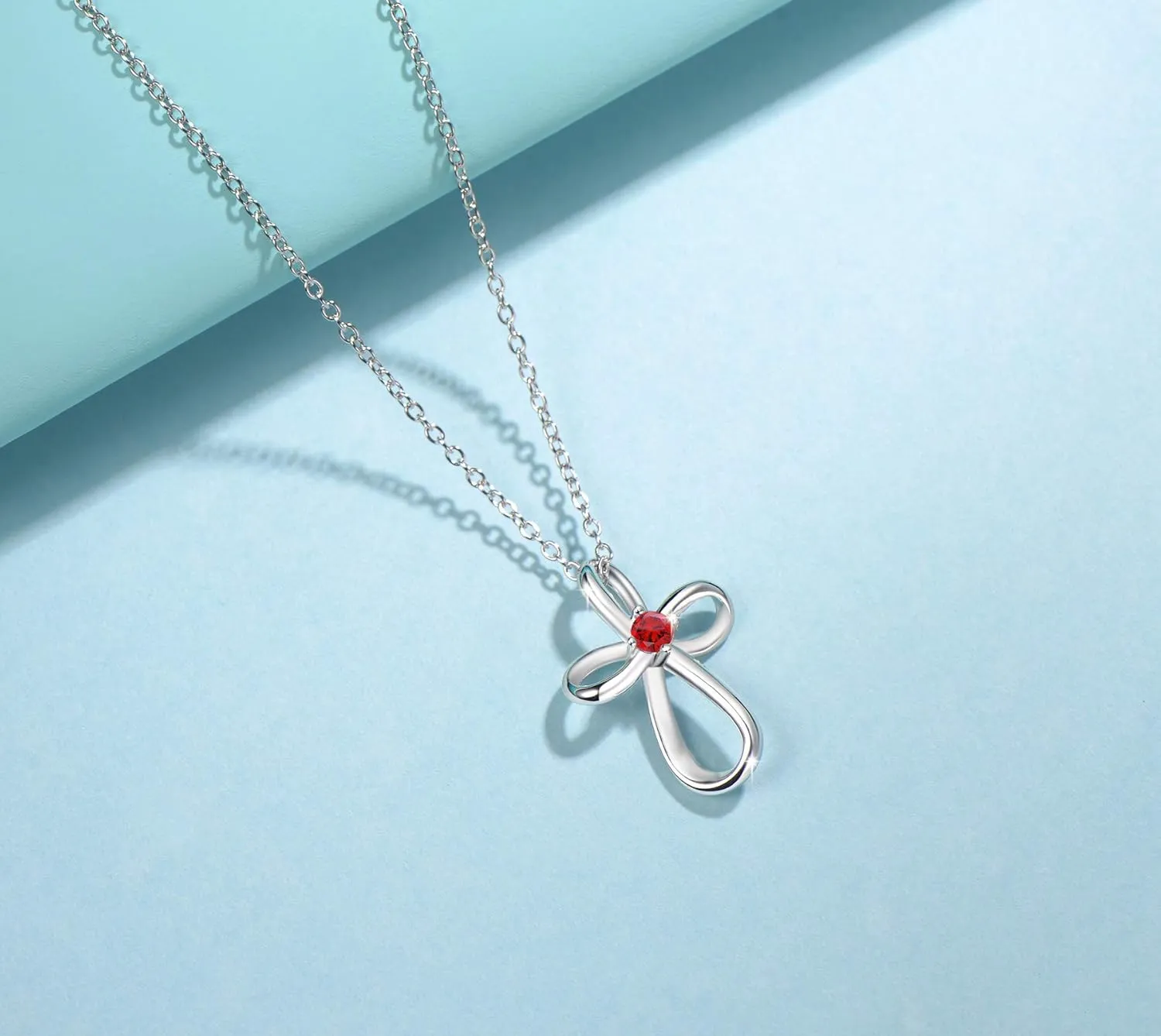 FANCIME White Gold Plated 925 Sterling Silver Birthstone Open Loop Celtic Ribbon Cross Crucifix Infinity Pendant Necklace Cute Gifts For Women Girls, 16"   2" Extender