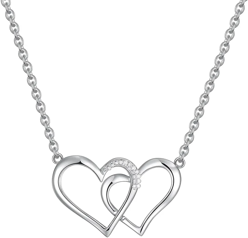 FANCIME White Gold Plated 925 Sterling Silver with REAL Diamond 0.021CTTW Interlocking Love Heart Pendant Necklace for Women, 16 2" Silver Chain with Lobster Clasp