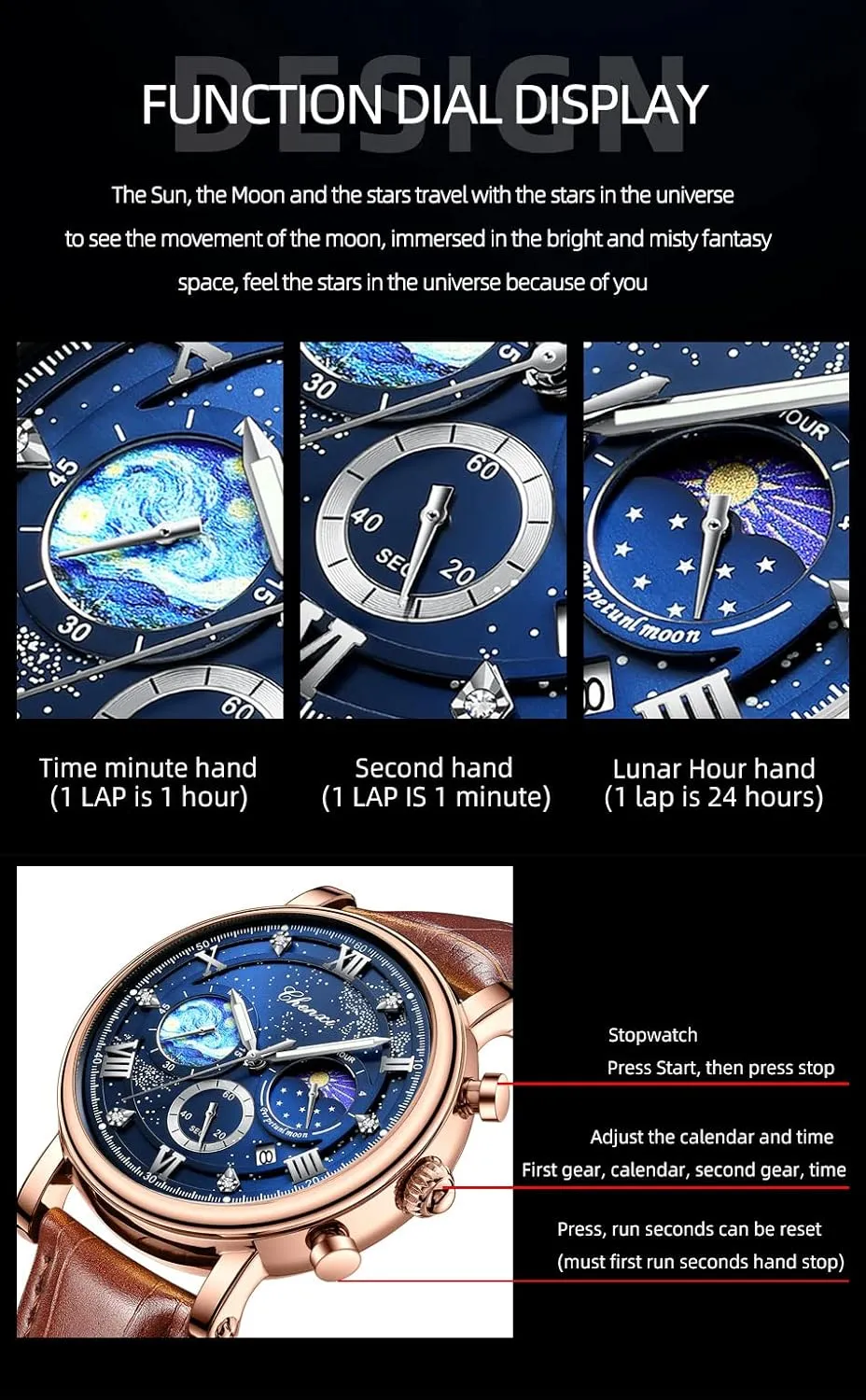 FANMIS Men's Classic Multifunctional Military Sports Analog Watch Business Dress Waterproof Luminous Chronograph Starry Sky Moon Phase Leather Wristwatch