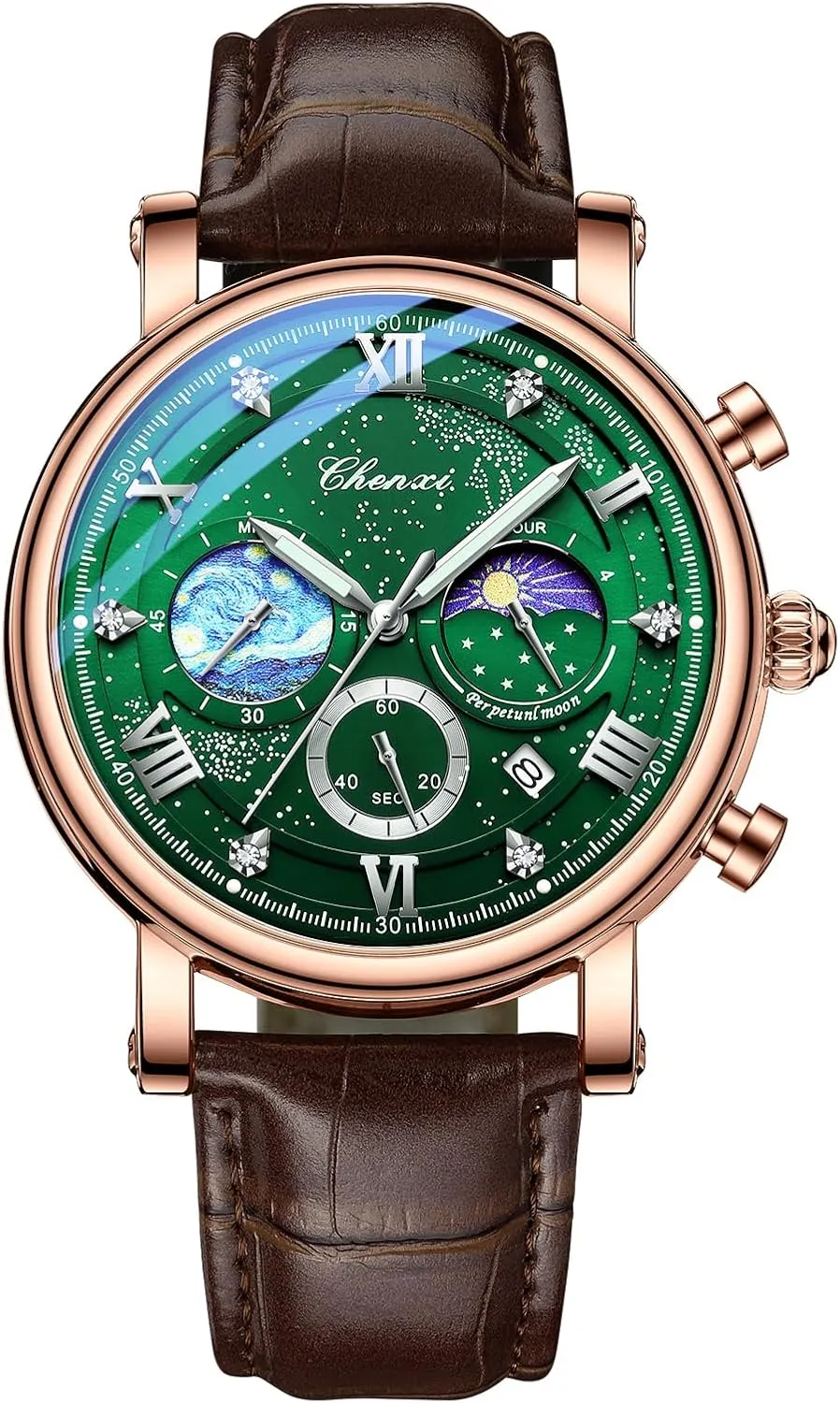FANMIS Men's Classic Multifunctional Military Sports Analog Watch Business Dress Waterproof Luminous Chronograph Starry Sky Moon Phase Leather Wristwatch