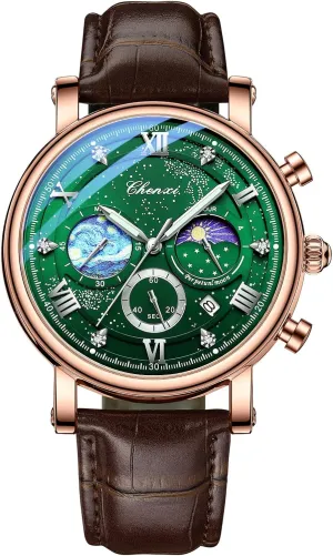 FANMIS Men's Classic Multifunctional Military Sports Analog Watch Business Dress Waterproof Luminous Chronograph Starry Sky Moon Phase Leather Wristwatch