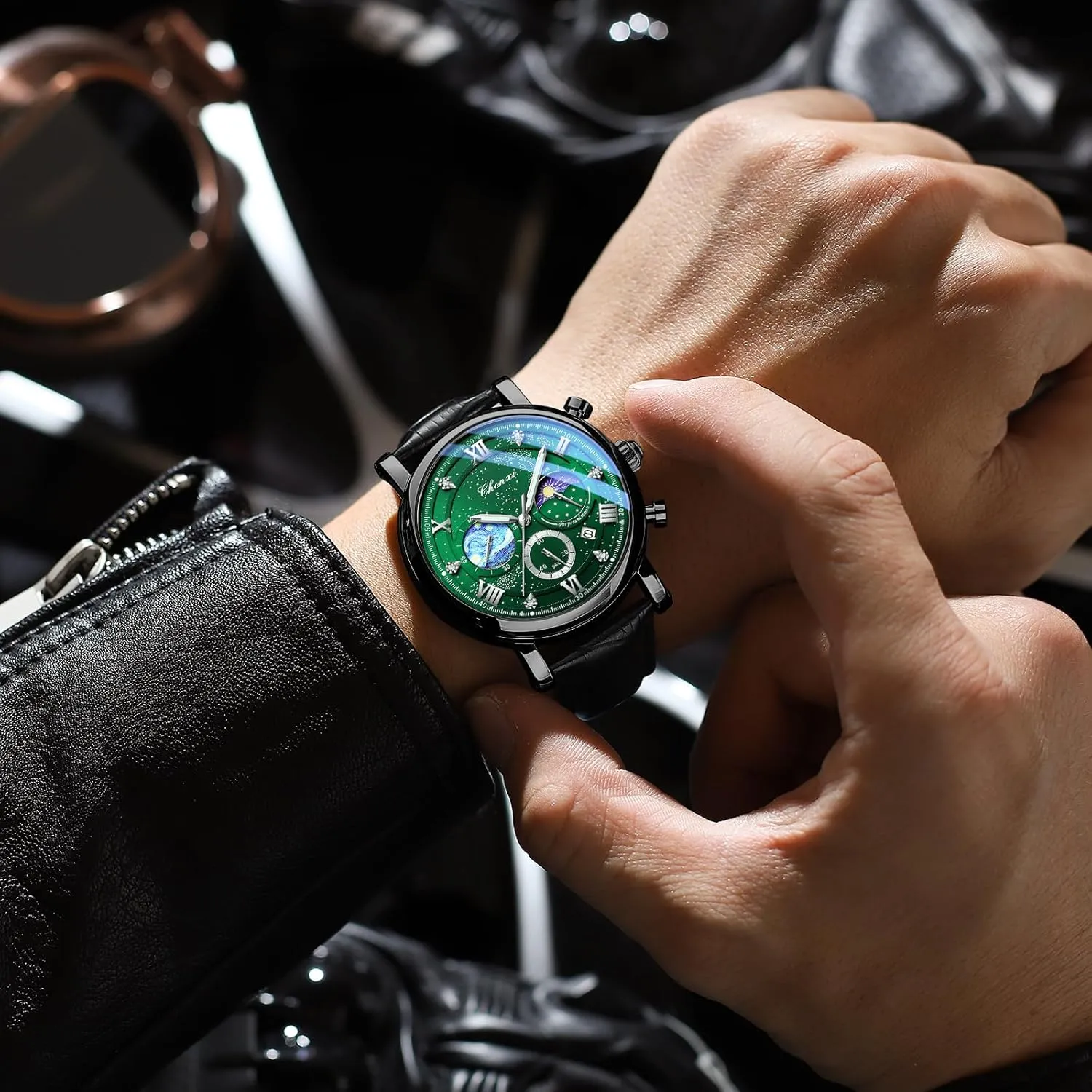 FANMIS Men's Classic Multifunctional Military Sports Analog Watch Business Dress Waterproof Luminous Chronograph Starry Sky Moon Phase Leather Wristwatch