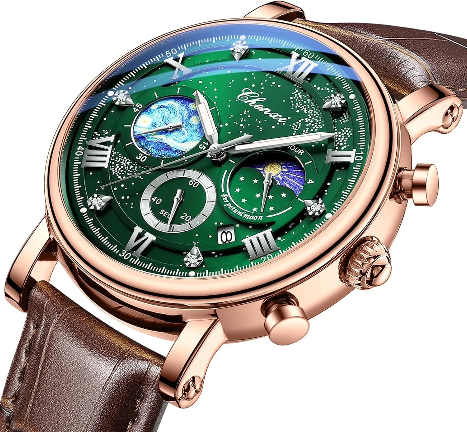 FANMIS Men's Classic Multifunctional Military Sports Analog Watch Business Dress Waterproof Luminous Chronograph Starry Sky Moon Phase Leather Wristwatch
