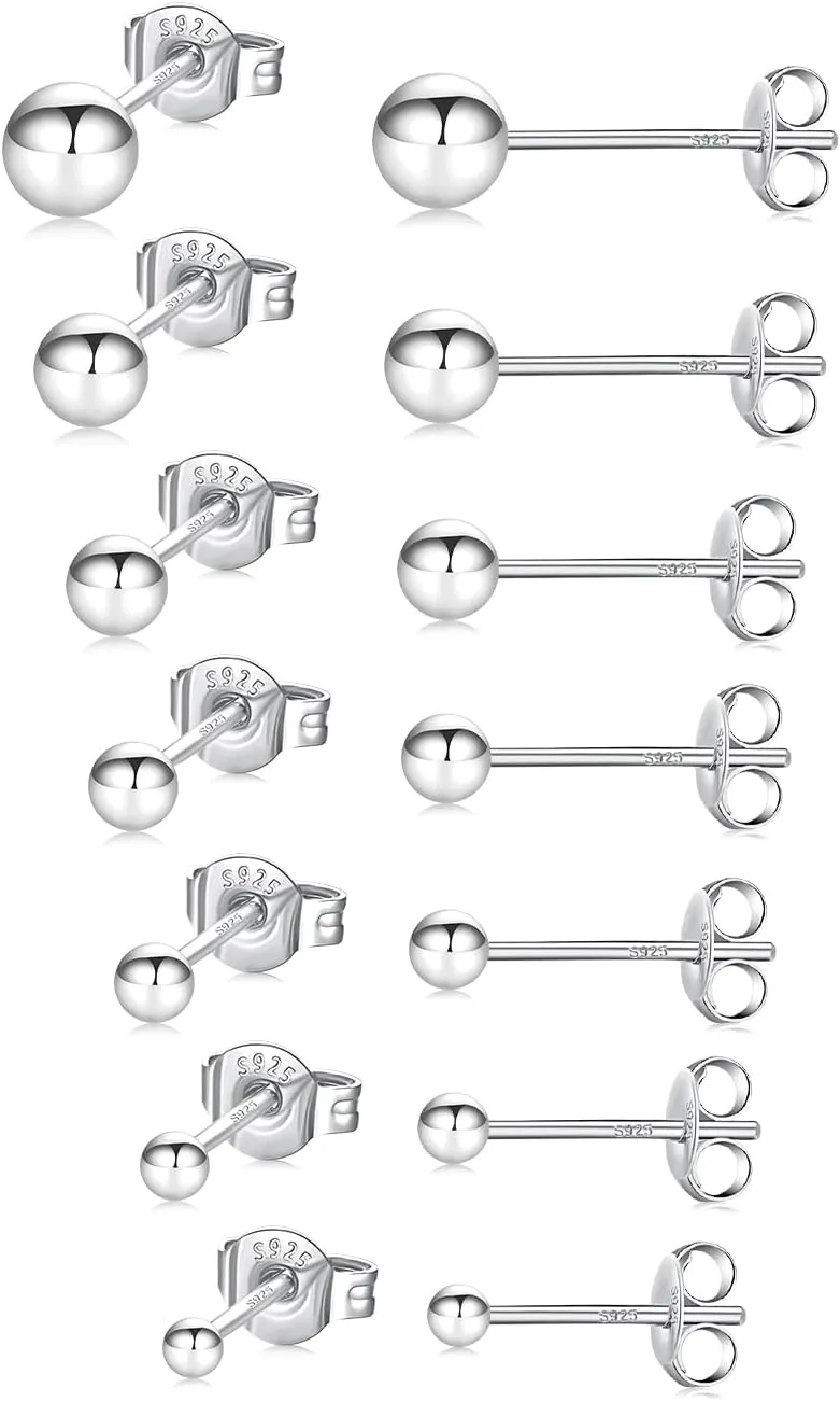 Fcebsty 7 Pairs Silver/Gold Studs Earrings 925 Sterling Silver Post Ball Stud Earrings for Women Cartilage Earring Small Silver Stud Earrings for Women Real Gold Ball Studs Nap Earrings 2-8mm