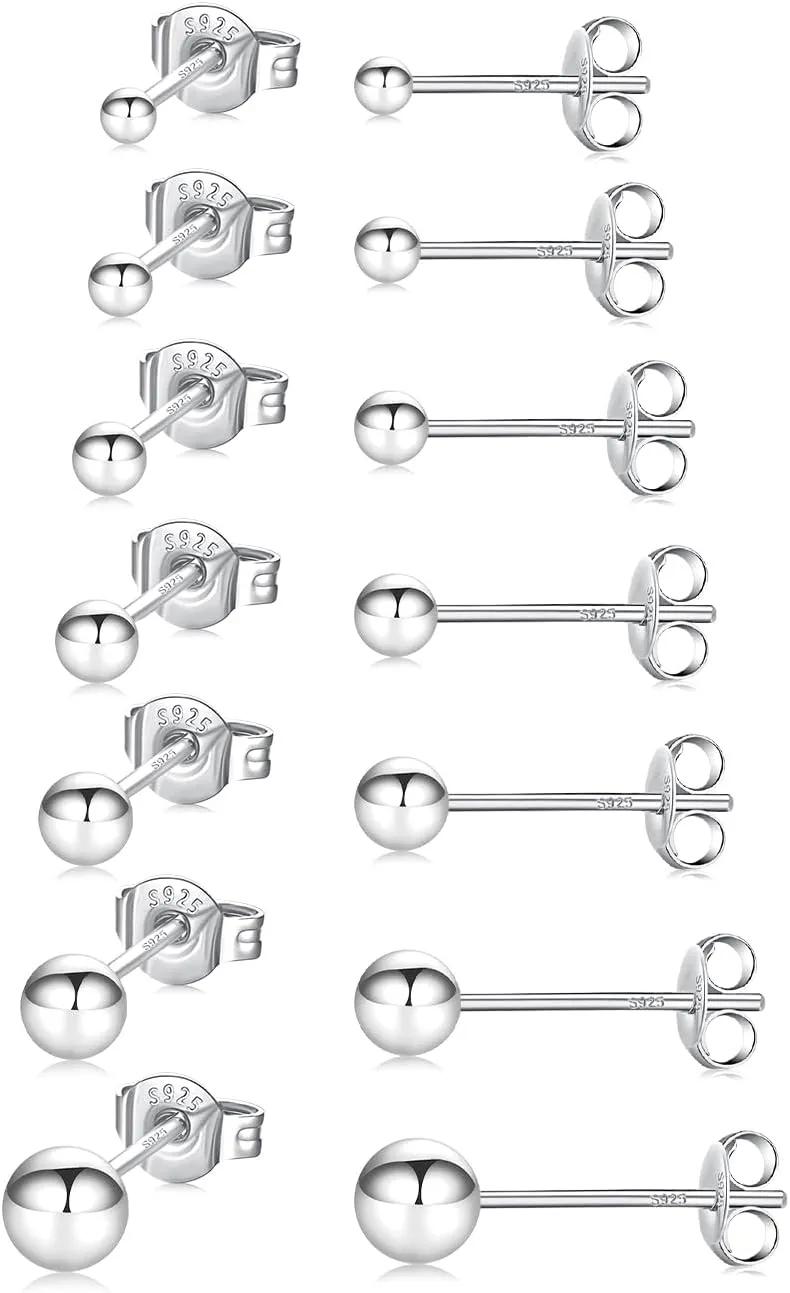 Fcebsty 7 Pairs Silver/Gold Studs Earrings 925 Sterling Silver Post Ball Stud Earrings for Women Cartilage Earring Small Silver Stud Earrings for Women Real Gold Ball Studs Nap Earrings 2-8mm