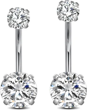 FECTAS 14G Belly Button Rings for Women, Stainless Steel Long Navel Piercing Jewelry with CZ Stones, 14mm 12mm Silver Belly Rings, 2PCS
