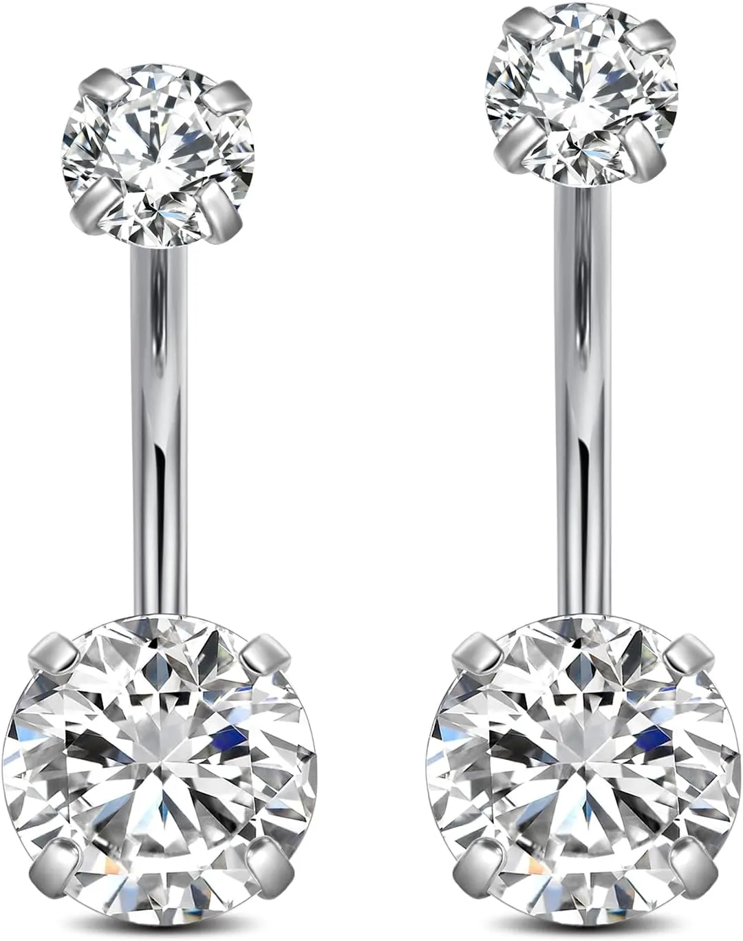 FECTAS 14G Belly Button Rings for Women, Stainless Steel Long Navel Piercing Jewelry with CZ Stones, 14mm 12mm Silver Belly Rings, 2PCS