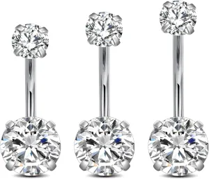 FECTAS 14G Belly Button Rings for Women, Stainless Steel Navel Piercing Jewelry with CZ Stones, 14mm 12mm 10mm Silver Belly Rings, 3PCS