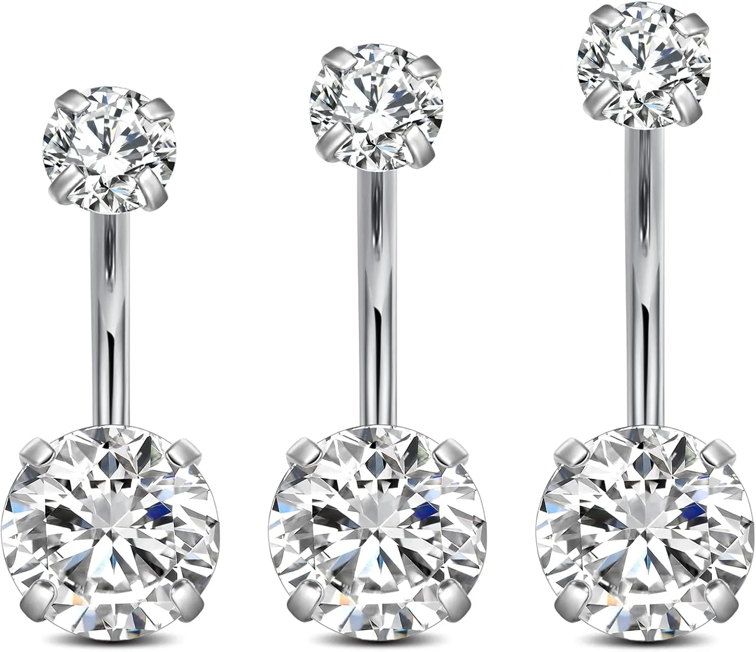 FECTAS 14G Belly Button Rings for Women, Stainless Steel Navel Piercing Jewelry with CZ Stones, 14mm 12mm 10mm Silver Belly Rings, 3PCS