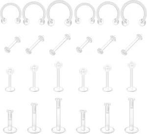 FECTAS 20-38PCS Clear Piercing Jewelry Bioflex Plastic Earrings Nose Rings Studs Septum Belly Cartilage Helix Industrial Nipple Tongue Lip Labret Eyebrow Piercing Retainers for Surgery Work Sports