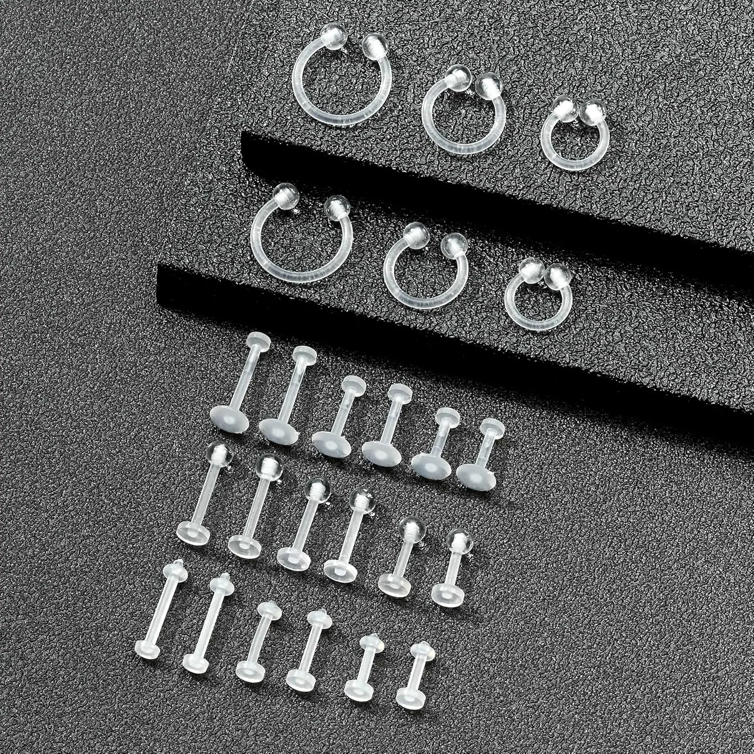 FECTAS 20-38PCS Clear Piercing Jewelry Bioflex Plastic Earrings Nose Rings Studs Septum Belly Cartilage Helix Industrial Nipple Tongue Lip Labret Eyebrow Piercing Retainers for Surgery Work Sports