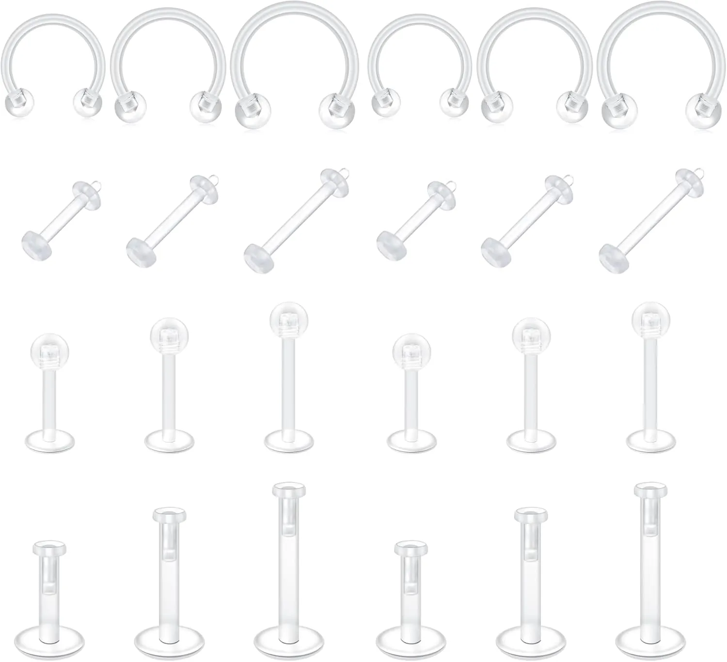 FECTAS 20-38PCS Clear Piercing Jewelry Bioflex Plastic Earrings Nose Rings Studs Septum Belly Cartilage Helix Industrial Nipple Tongue Lip Labret Eyebrow Piercing Retainers for Surgery Work Sports