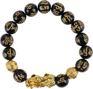 Feng Shui Wealth Black Bracelet, Golden Pi Xiu/Pi Yao Feng Shui Bracelet for Men Women, Sanskrit Mantras Prayer Beads Bracelets for Bring Luck and Prosperity