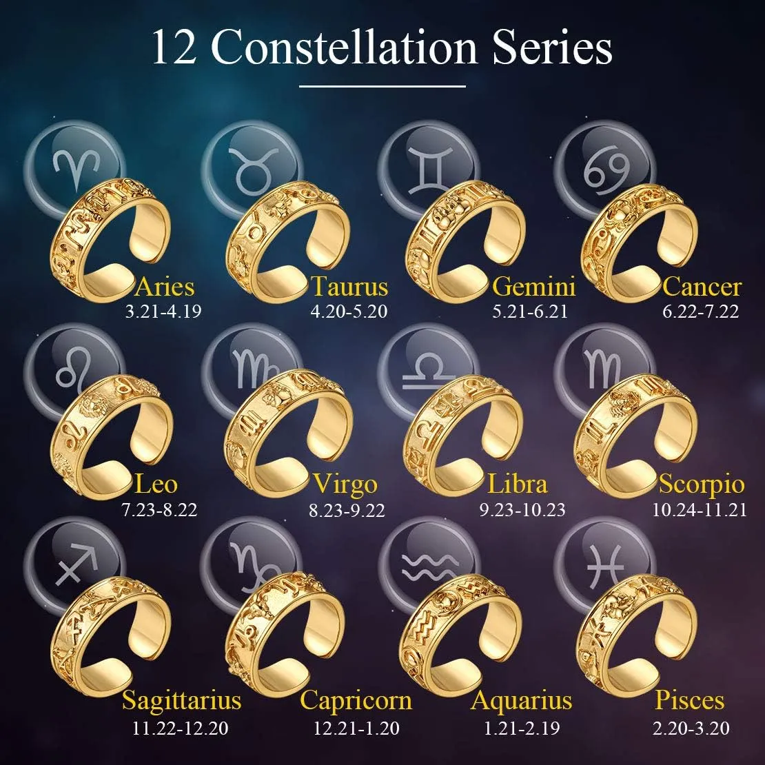 FindChic 18K Gold Plated Horoscope Zodiac Band Rings Constellation Astrology Adjustable Statement Ring for Women or Girls, with Gift Box