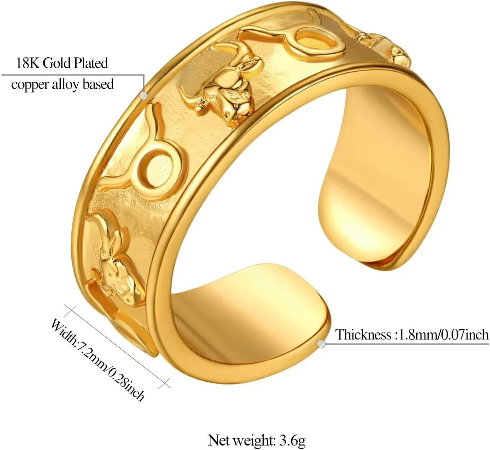 FindChic 18K Gold Plated Horoscope Zodiac Band Rings Constellation Astrology Adjustable Statement Ring for Women or Girls, with Gift Box