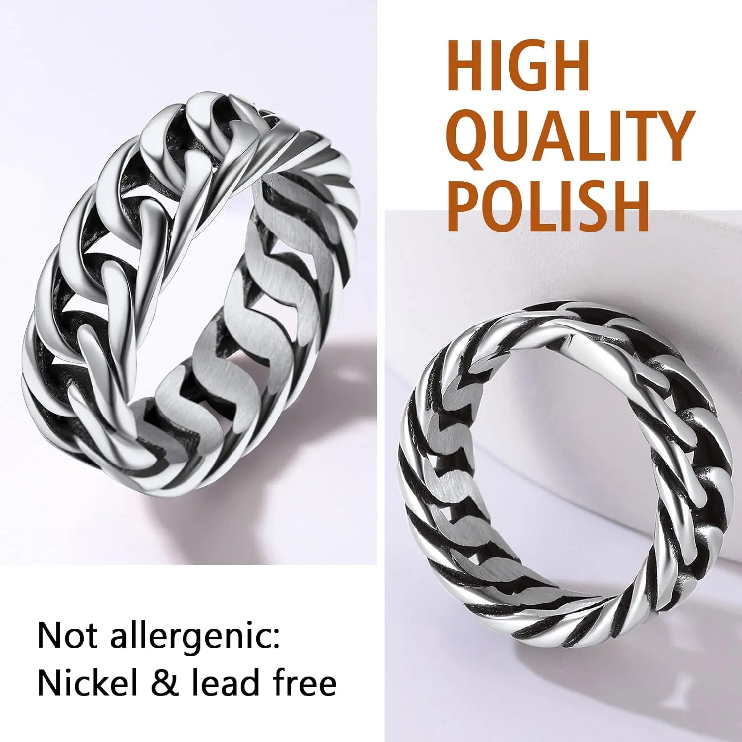FindChic Cool Chain Rings Statement Rings for Men Women Stainless Steel/18K Gold Plated/Black Index Middle Finger Cuban Link Rings Size 7 to 14 Punk Jewelry, with Gift Box