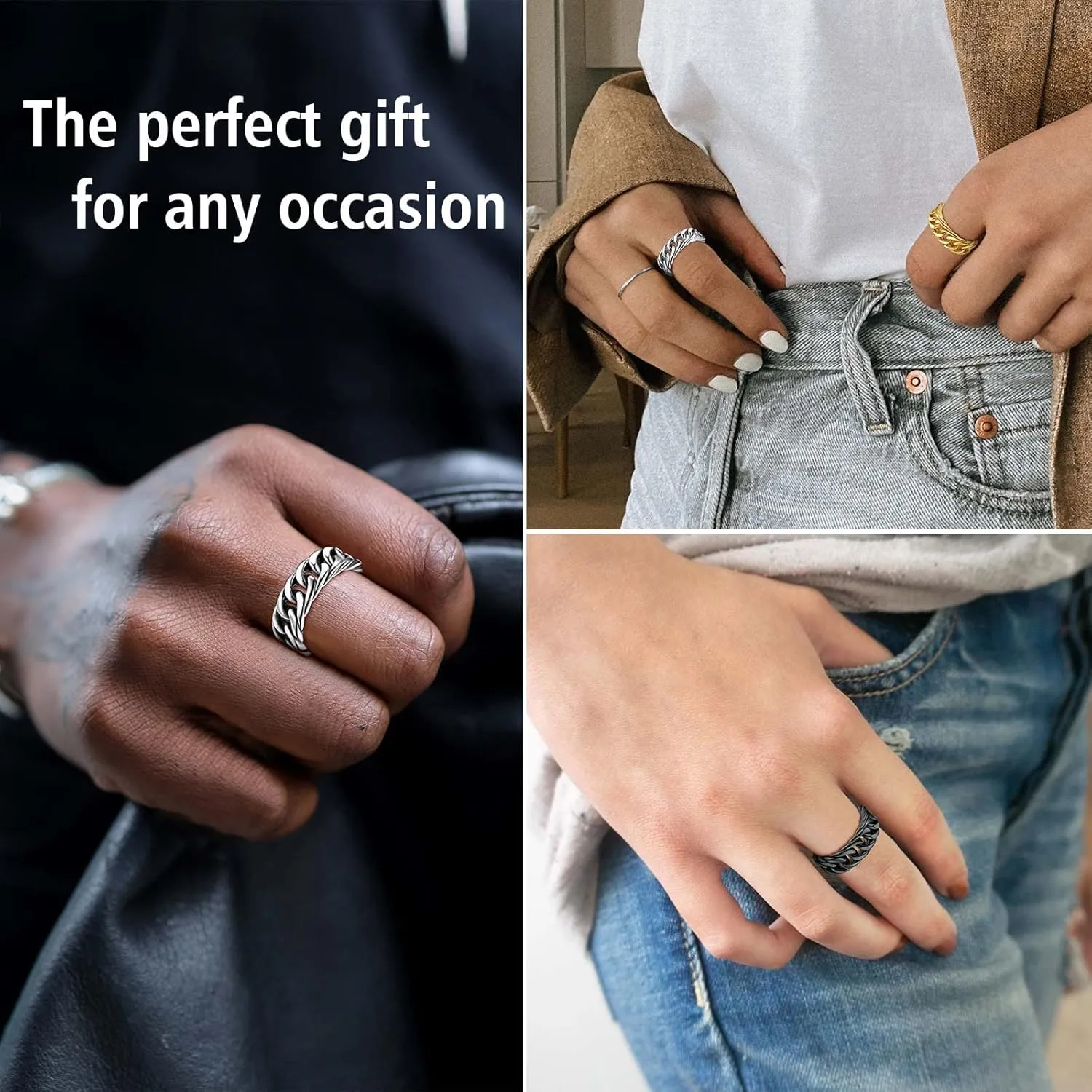 FindChic Cool Chain Rings Statement Rings for Men Women Stainless Steel/18K Gold Plated/Black Index Middle Finger Cuban Link Rings Size 7 to 14 Punk Jewelry, with Gift Box