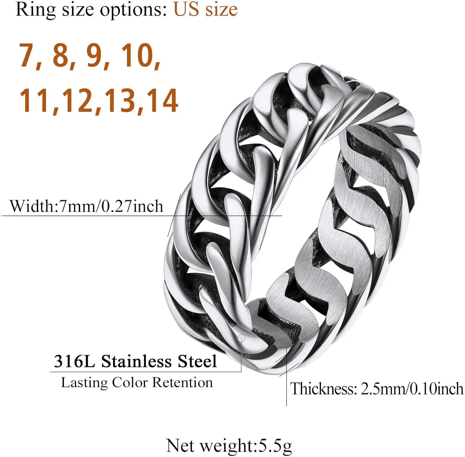 FindChic Cool Chain Rings Statement Rings for Men Women Stainless Steel/18K Gold Plated/Black Index Middle Finger Cuban Link Rings Size 7 to 14 Punk Jewelry, with Gift Box