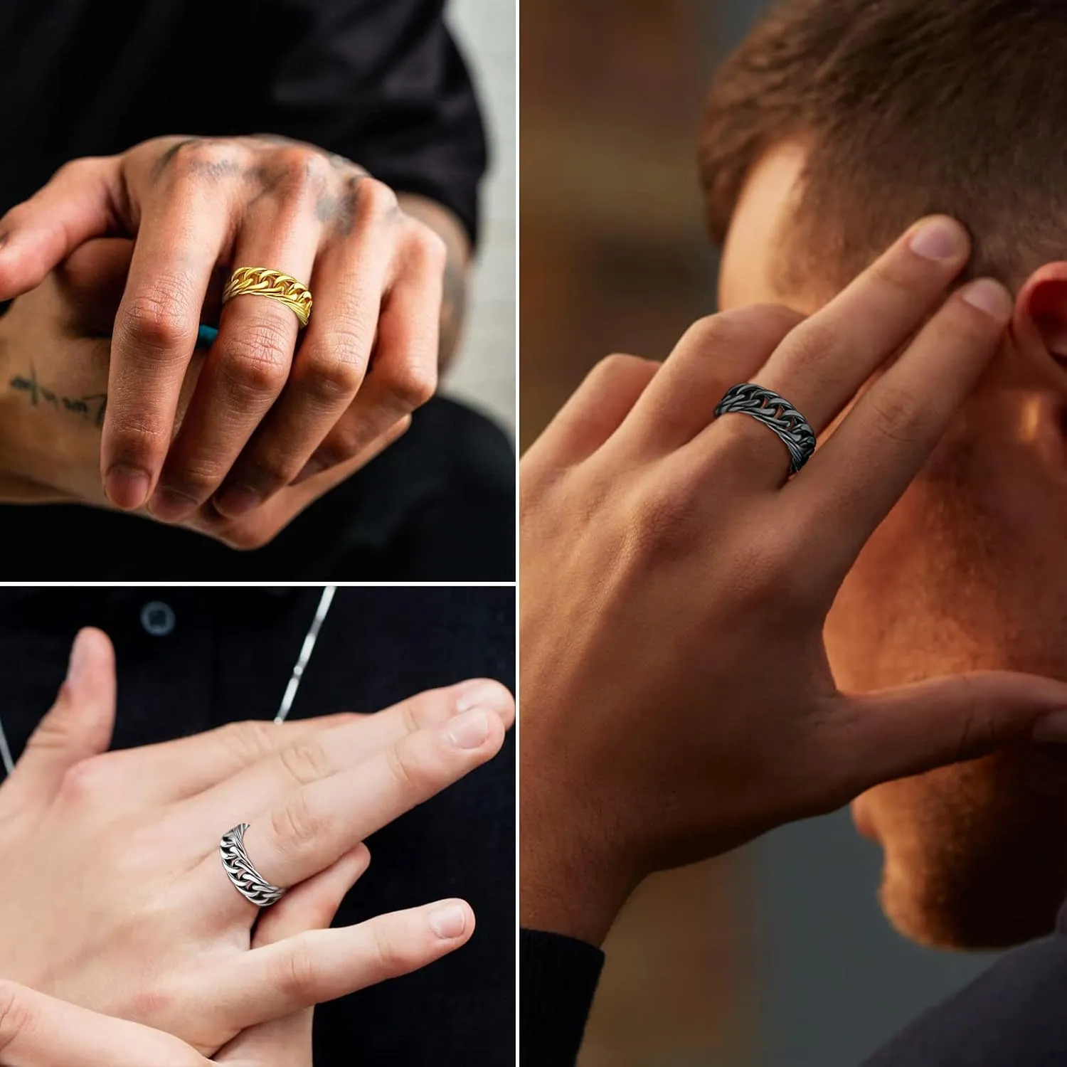 FindChic Cool Chain Rings Statement Rings for Men Women Stainless Steel/18K Gold Plated/Black Index Middle Finger Cuban Link Rings Size 7 to 14 Punk Jewelry, with Gift Box