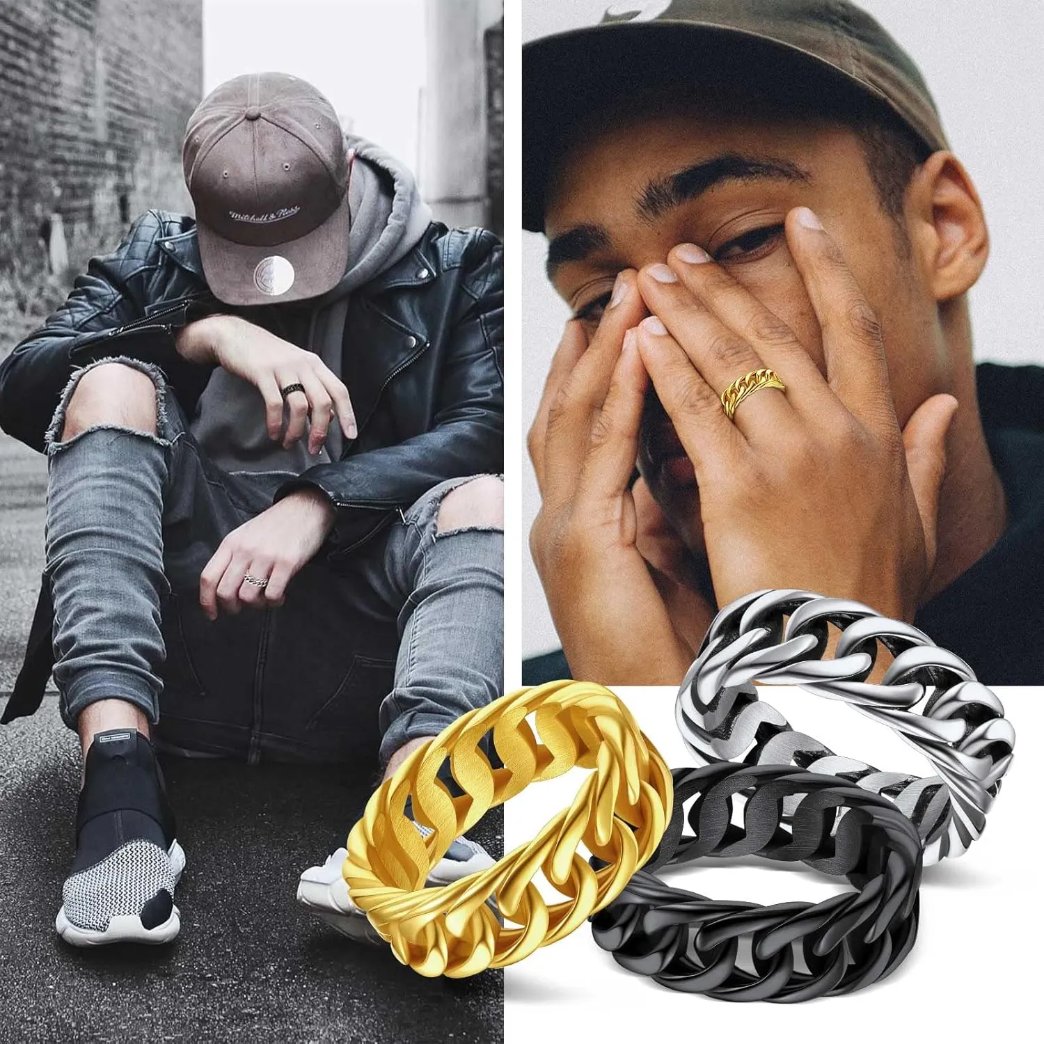FindChic Cool Chain Rings Statement Rings for Men Women Stainless Steel/18K Gold Plated/Black Index Middle Finger Cuban Link Rings Size 7 to 14 Punk Jewelry, with Gift Box