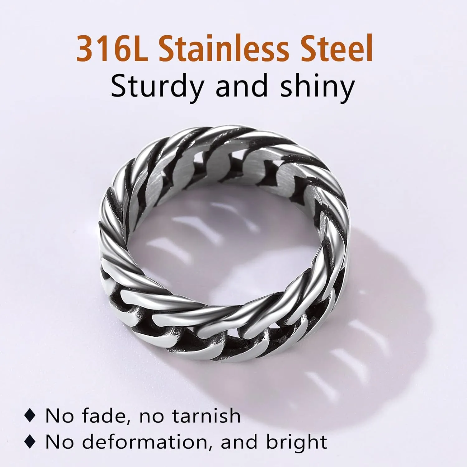 FindChic Cool Chain Rings Statement Rings for Men Women Stainless Steel/18K Gold Plated/Black Index Middle Finger Cuban Link Rings Size 7 to 14 Punk Jewelry, with Gift Box