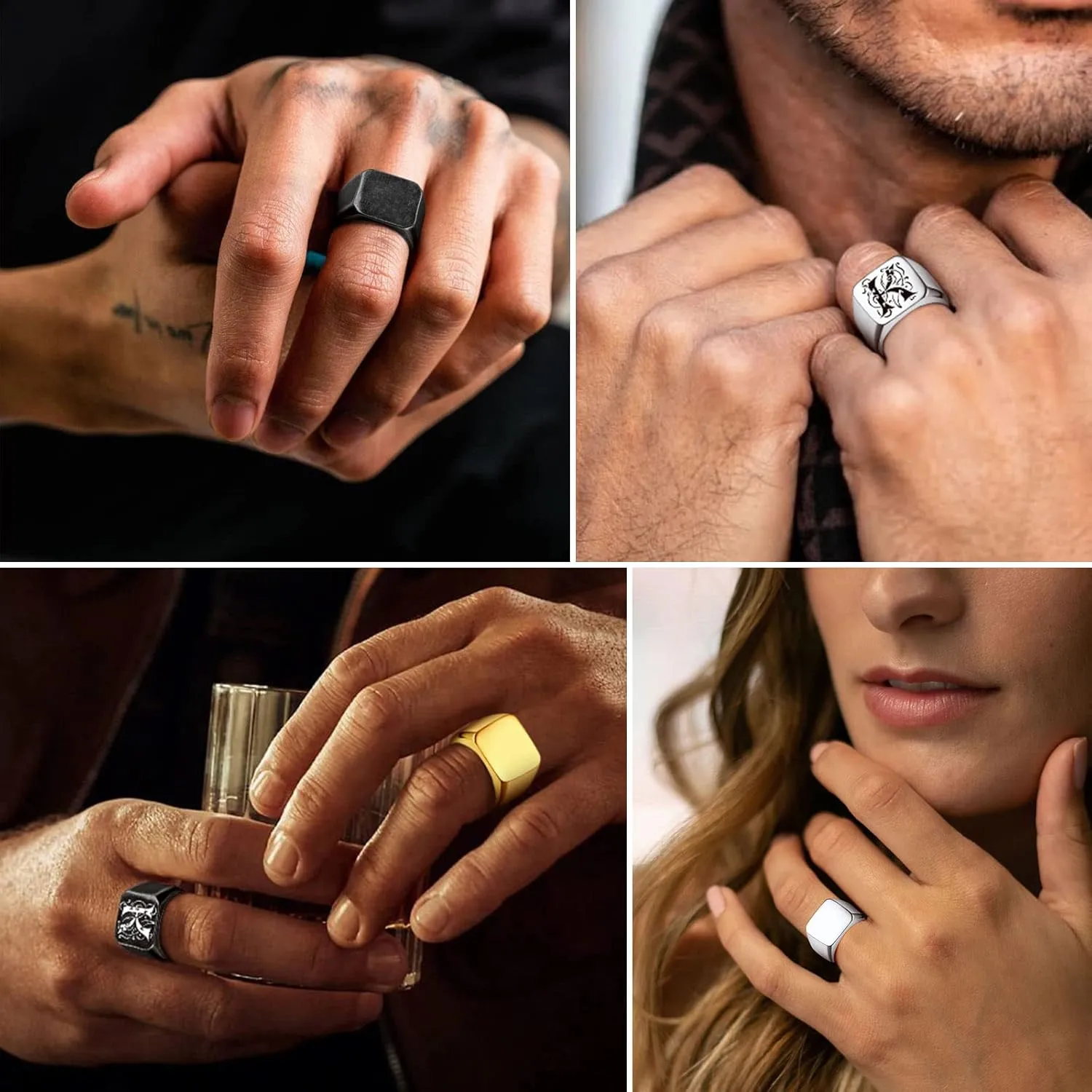 FindChic Customized Signet Photo Rings Square/Heart/Round Chunky Band Ring Stainless Steel/18K Gold Plated/Black Size 7 to 14 Personalized Jewelry for Men Women, Send Gift Box
