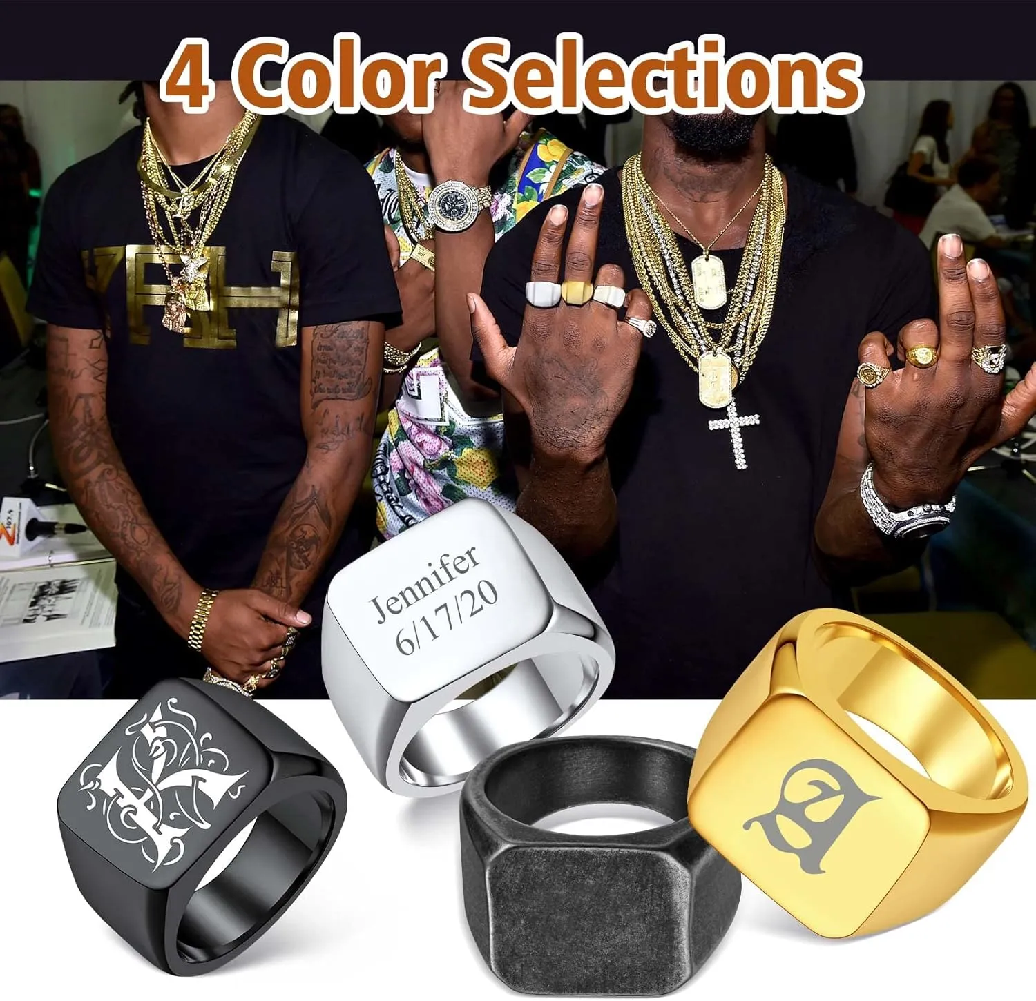 FindChic Customized Signet Photo Rings Square/Heart/Round Chunky Band Ring Stainless Steel/18K Gold Plated/Black Size 7 to 14 Personalized Jewelry for Men Women, Send Gift Box