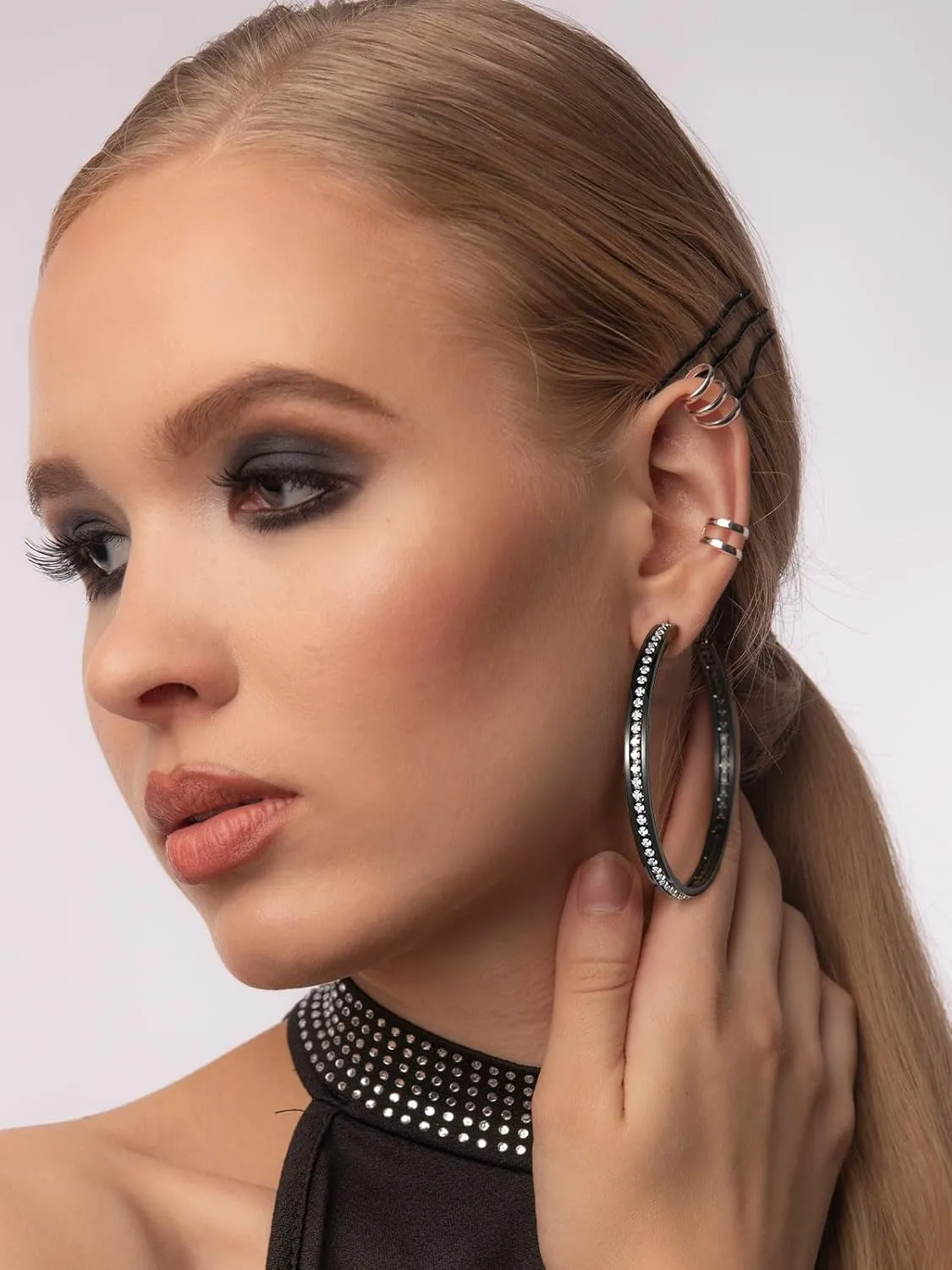 FindChic Sparkly Hoop Earrings for Women Stainless Steel/Gold Plated/Black Hoops with Cubic Zirconia Inlaid Hypoallegenic Jewelry 40mm/60mm/80mm Width, with Gift Box