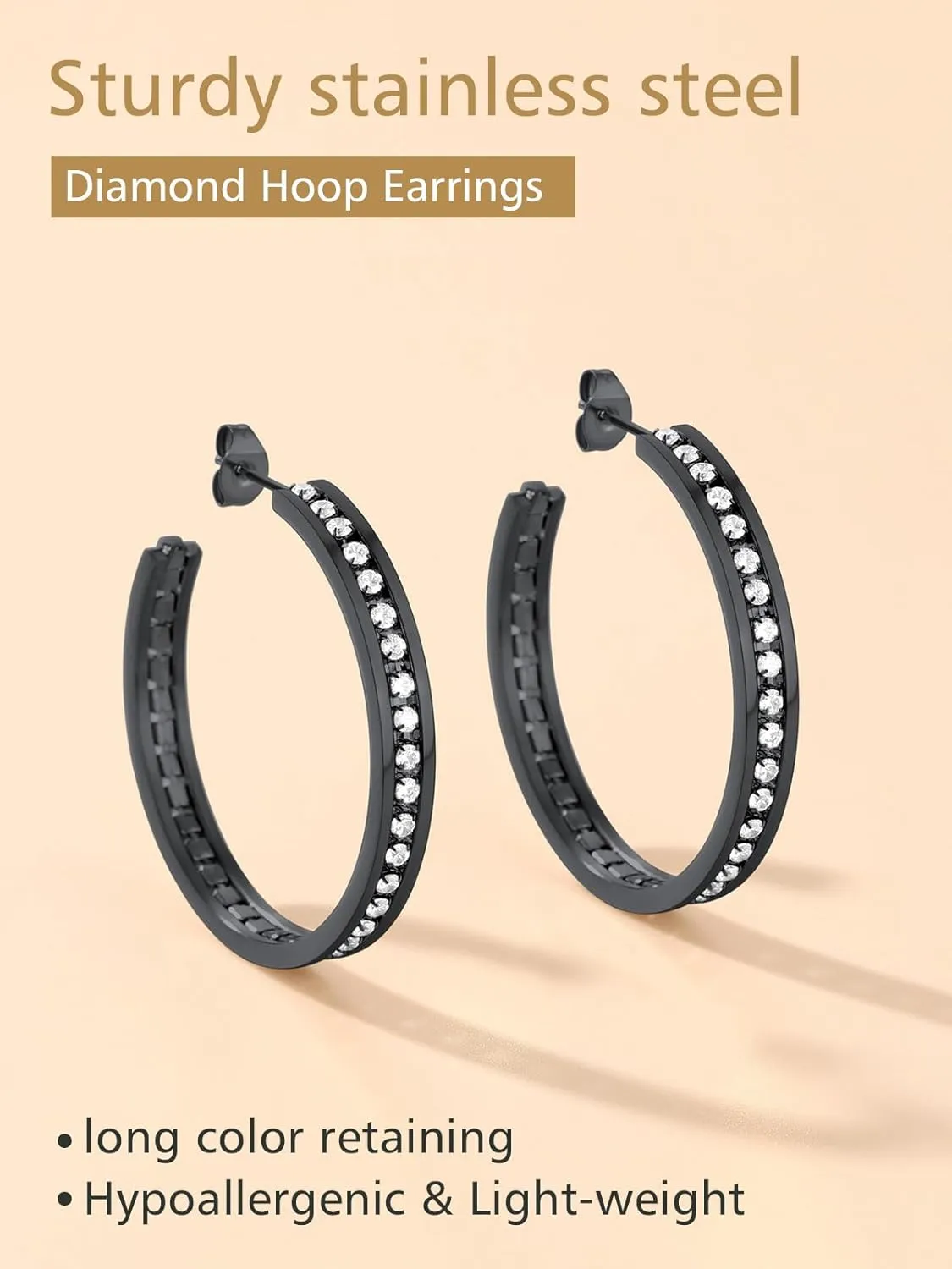FindChic Sparkly Hoop Earrings for Women Stainless Steel/Gold Plated/Black Hoops with Cubic Zirconia Inlaid Hypoallegenic Jewelry 40mm/60mm/80mm Width, with Gift Box