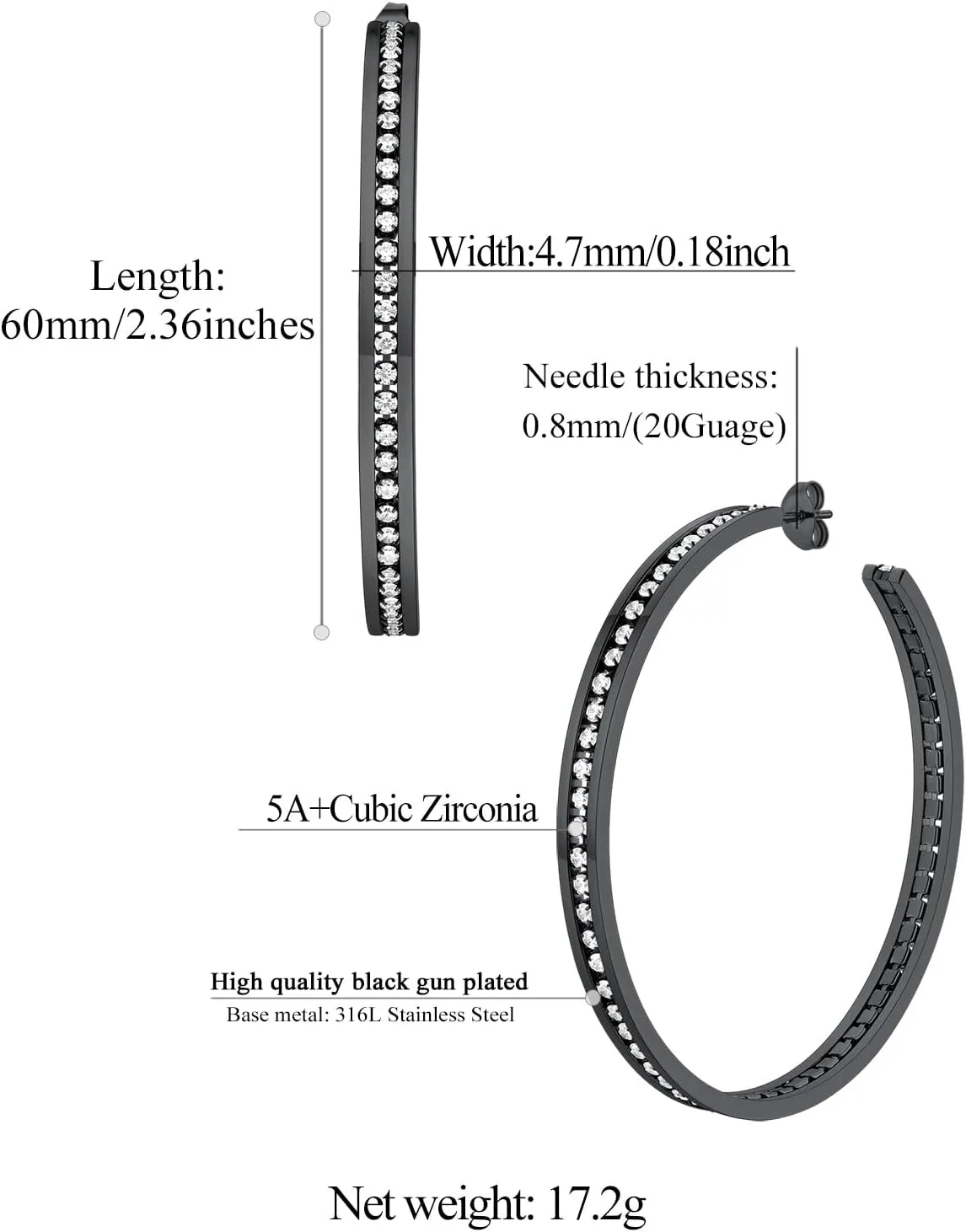 FindChic Sparkly Hoop Earrings for Women Stainless Steel/Gold Plated/Black Hoops with Cubic Zirconia Inlaid Hypoallegenic Jewelry 40mm/60mm/80mm Width, with Gift Box