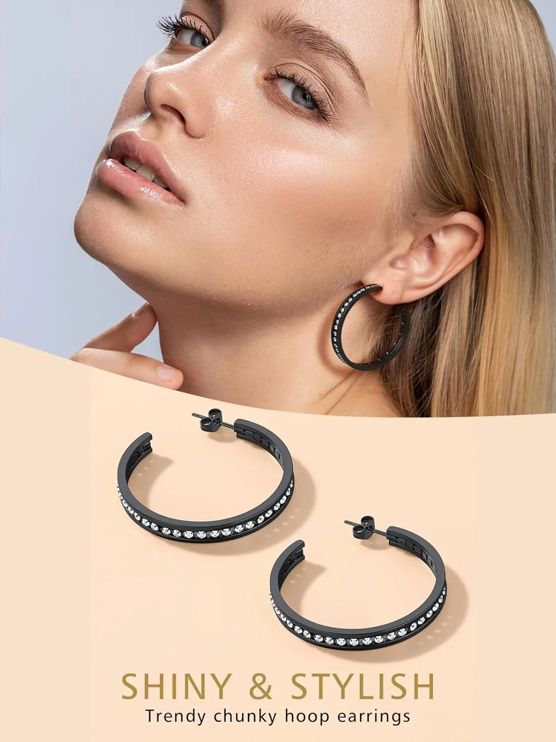 FindChic Sparkly Hoop Earrings for Women Stainless Steel/Gold Plated/Black Hoops with Cubic Zirconia Inlaid Hypoallegenic Jewelry 40mm/60mm/80mm Width, with Gift Box